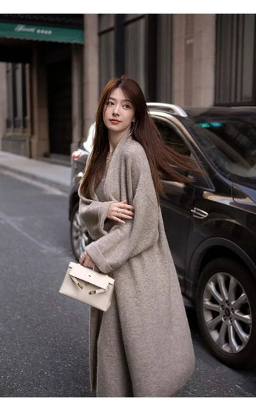 New Women's Autumn and Winter Thickened Comfortable Loose Long Sweater Jacket Knitted Dress Two Piece Autumn and Winter Set